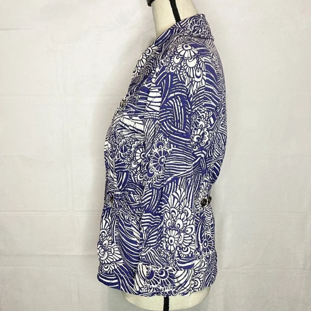 COLDWATER CREEK Utility Full Zip Jacket Sz 6 Floral Print Lapis Purple and White
